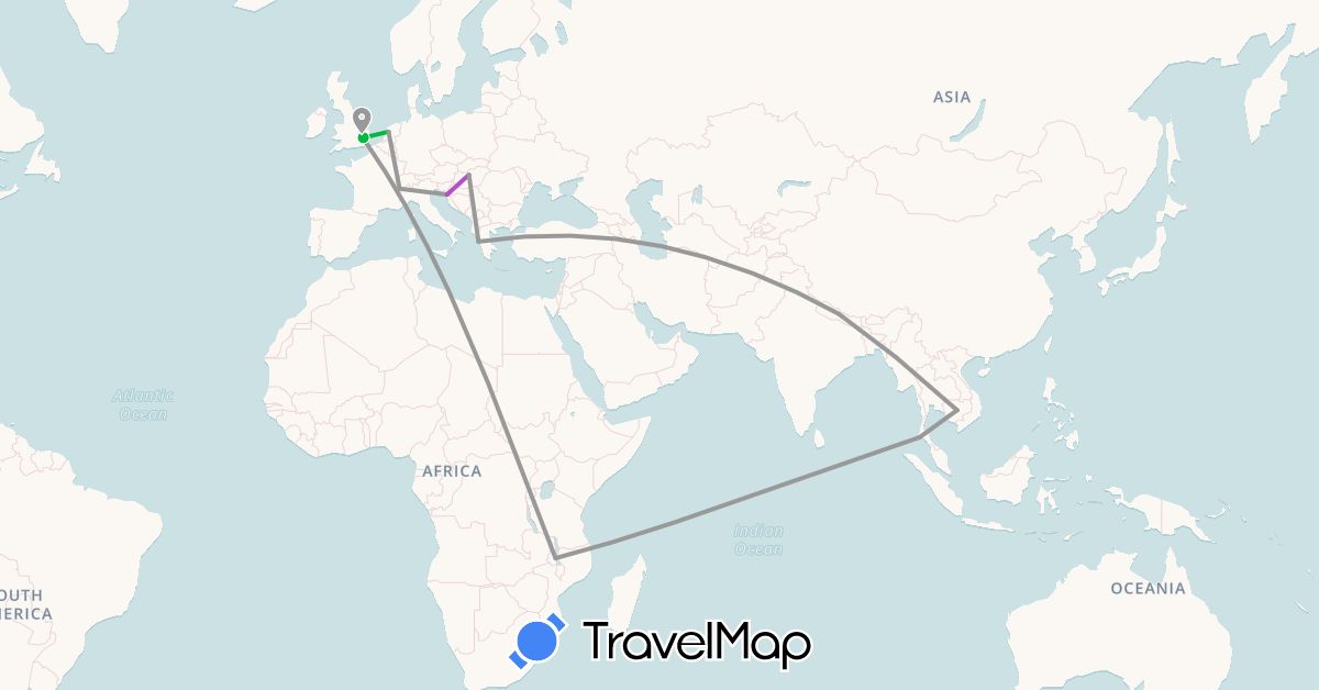TravelMap itinerary: driving, bus, plane, train in France, United Kingdom, Greece, Croatia, Hungary, Cambodia, Malawi, Netherlands, Nepal, Thailand (Africa, Asia, Europe)