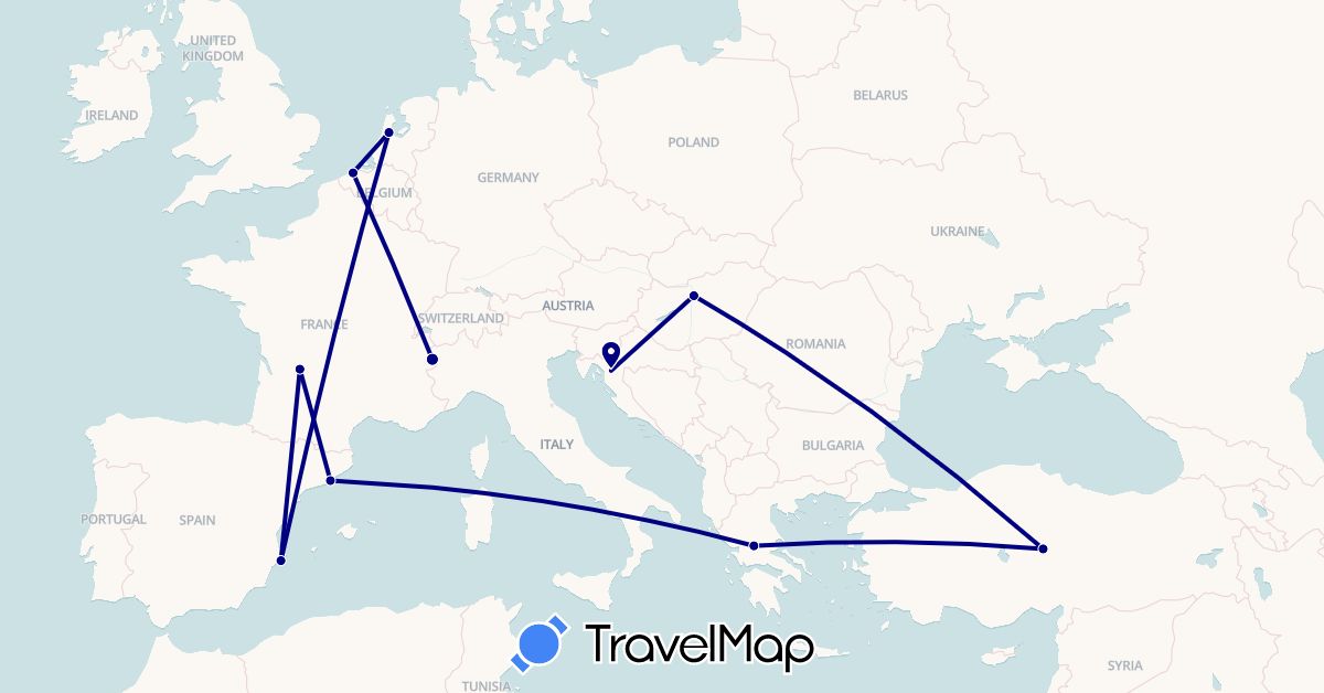 TravelMap itinerary: driving in Belgium, Spain, France, Greece, Croatia, Hungary, Netherlands, Turkey (Asia, Europe)