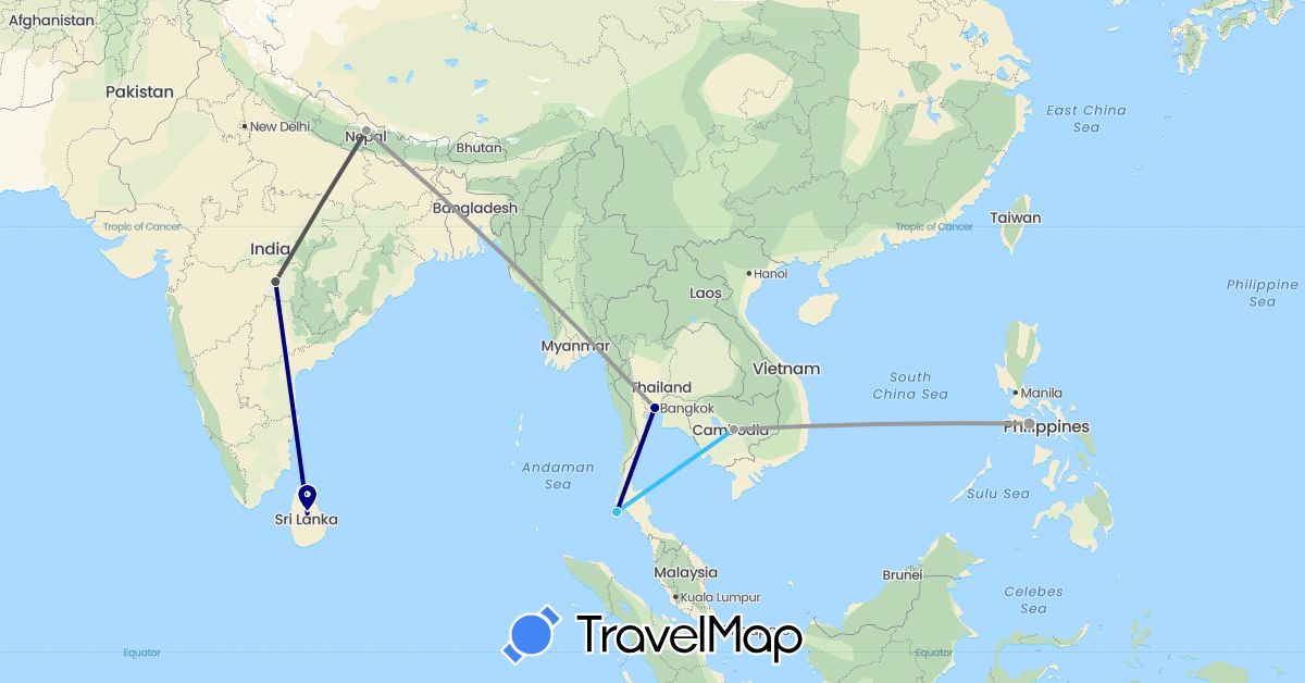TravelMap itinerary: driving, plane, boat, motorbike in India, Cambodia, Sri Lanka, Nepal, Philippines, Thailand (Asia)