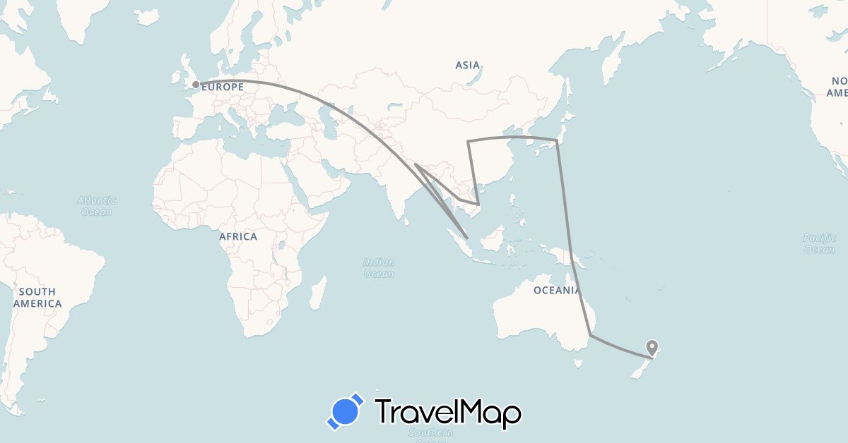 TravelMap itinerary: driving, plane in Australia, China, United Kingdom, Japan, Nepal, New Zealand, Papua New Guinea, Singapore, Thailand, Vietnam (Asia, Europe, Oceania)
